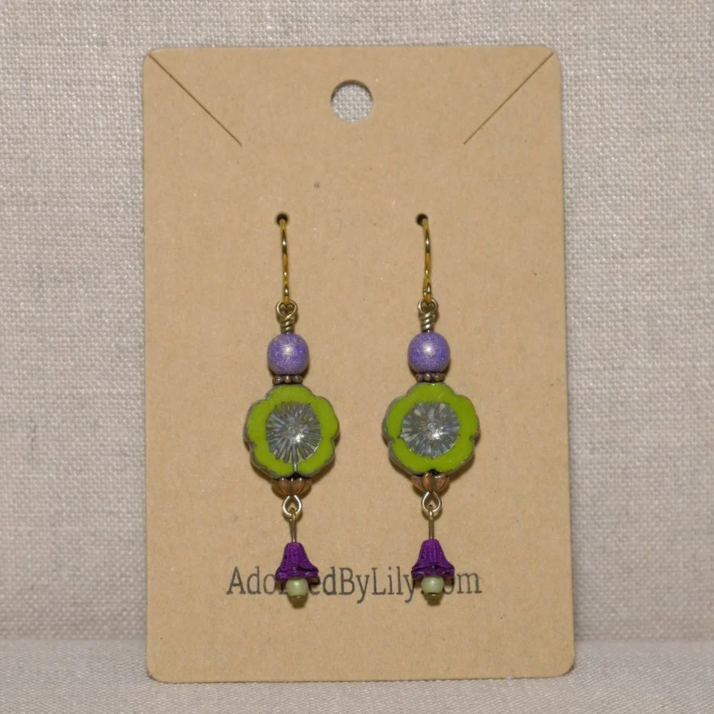 Hand Crafted Handmade Earrings Green & Purple Czech Glass Long Flower Earrings - Picture 2 of 4